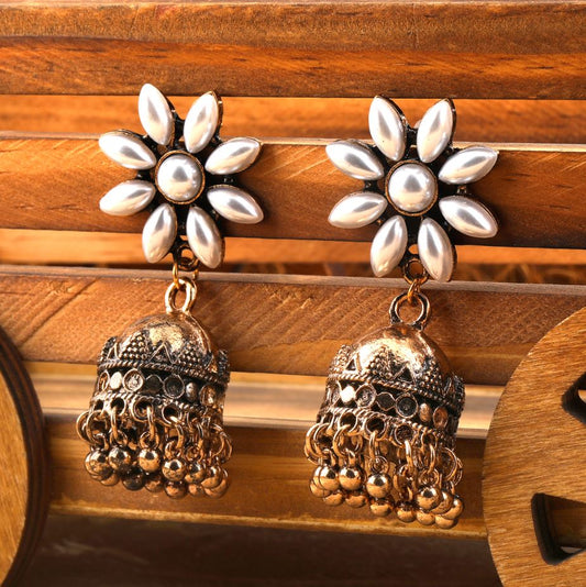 Antique Gold Plated Floral Pearl Drop Jhumki Earring