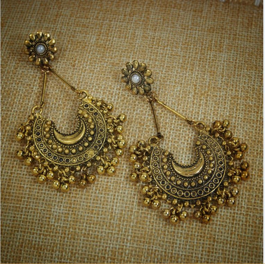 Antique Gold Chandbali Dangle Earring With Ghungroos And Pearls