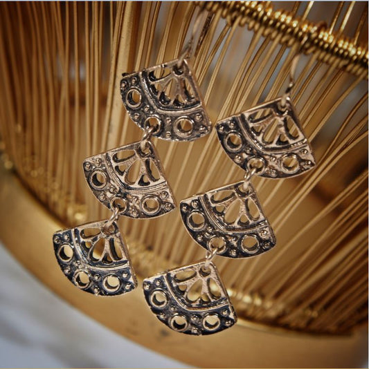 Antique Gold Plated Layered Geometrical Shaped Earring with Fish Hooks