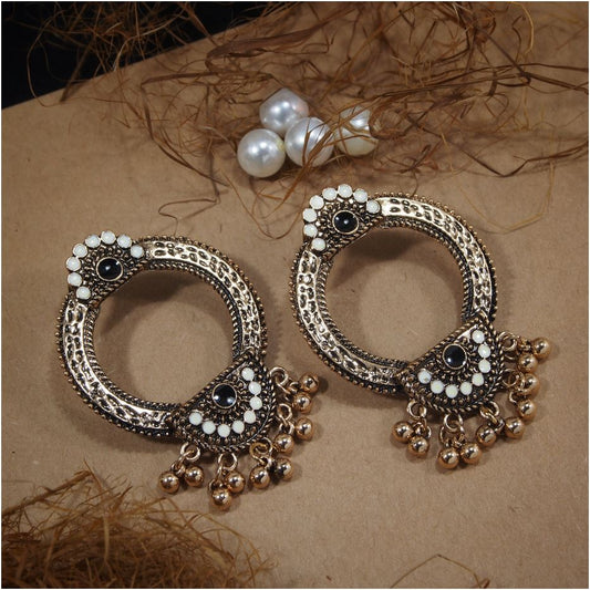 Antique Gold Plated Circular Shaped Earring With Floral Colored Enamel Work and Ghungroos