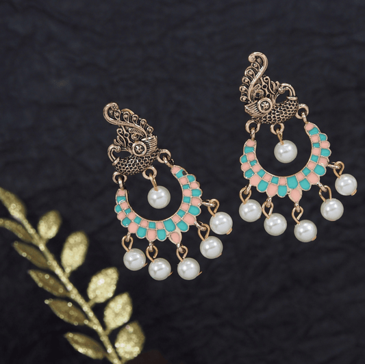 Antique Gold /Silver Plated Peacock Designed Enamel Artwork with Dangling Pearl Earring