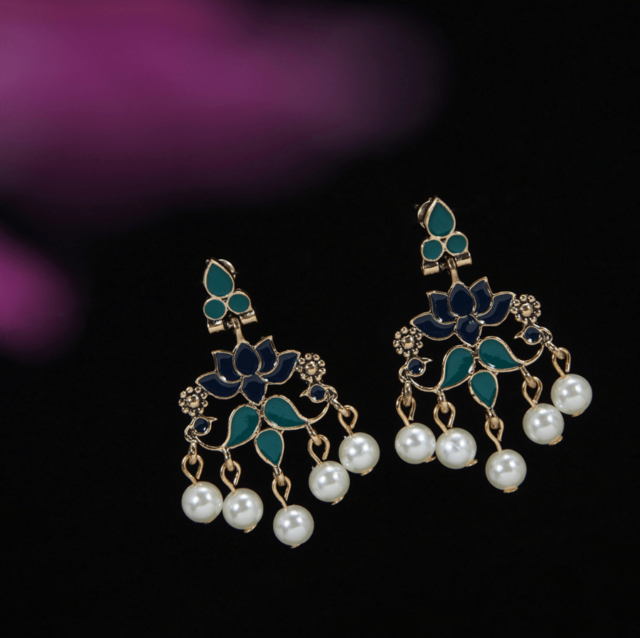 Antique Gold /Silver Plated Enamel Lotus Designed Dangling Pearl Earring