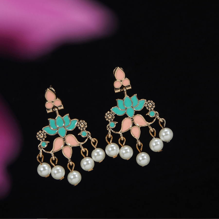 Antique Gold /Silver Plated Enamel Lotus Designed Dangling Pearl Earring