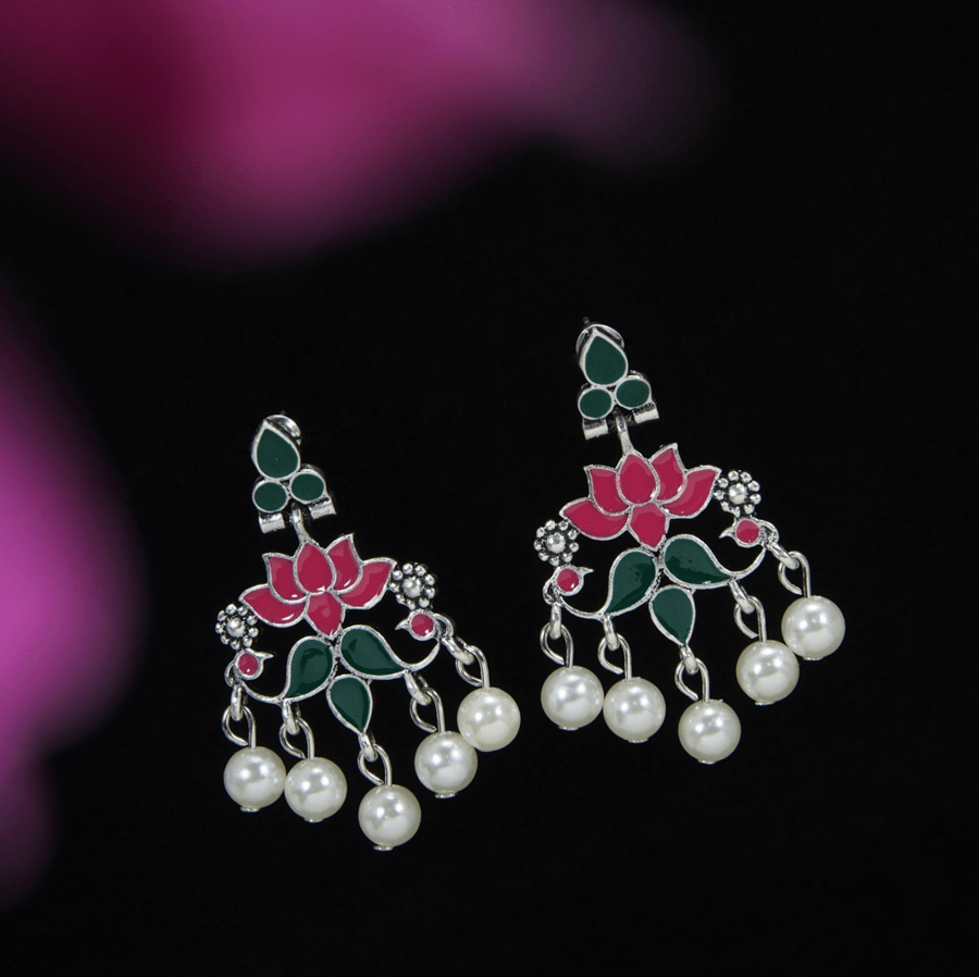 Antique Gold /Silver Plated Enamel Lotus Designed Dangling Pearl Earring