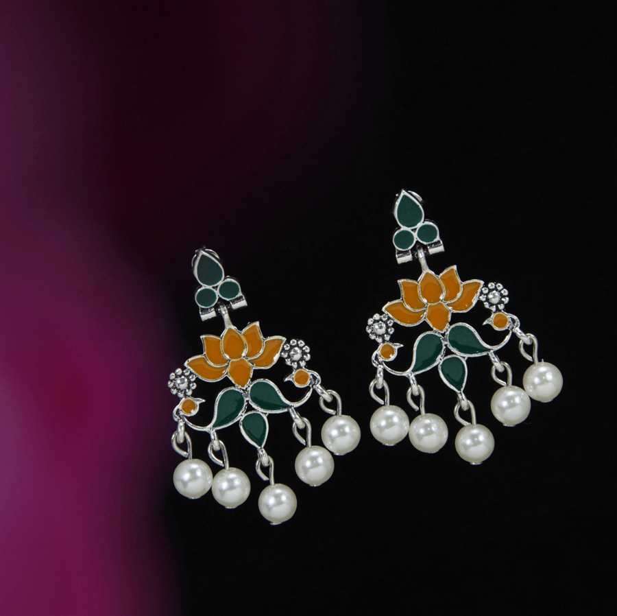 Antique Gold /Silver Plated Enamel Lotus Designed Dangling Pearl Earring