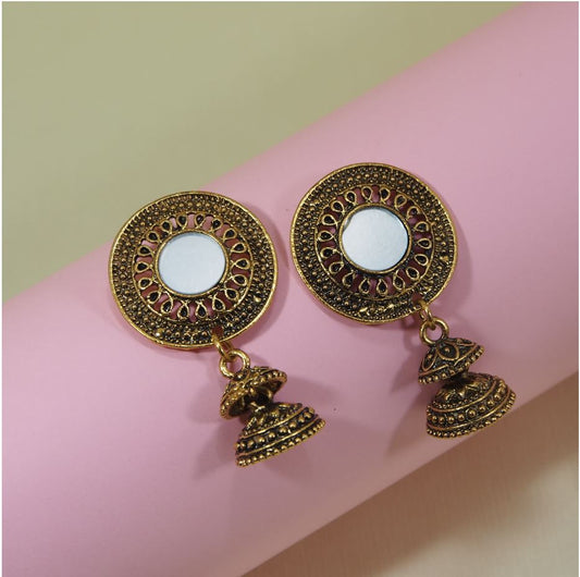Antique Gold Plated Circular Design Small Mirror Work Jhumki