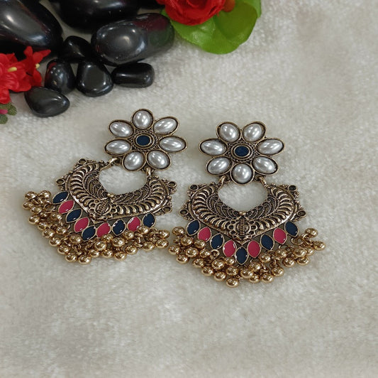 Antique Gold Plated Pearl and Dual Coloured Enamel Dangler Earring