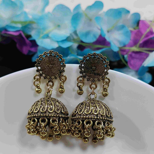 Antique Gold Plated Floral Artwork Jhumka Earring