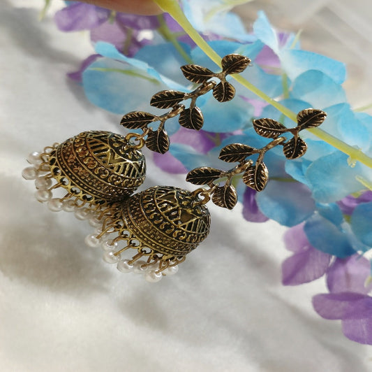 Antique Gold Plated Leaves Shaped Long Jhumka Earring