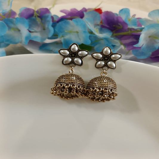 Antique Gold Plated Floral White Pearl Jhumka Earring