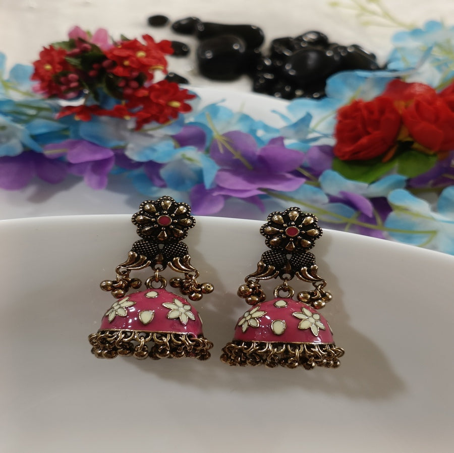 Antique Gold Plated Pink Coloured Floral Jhumka Earring