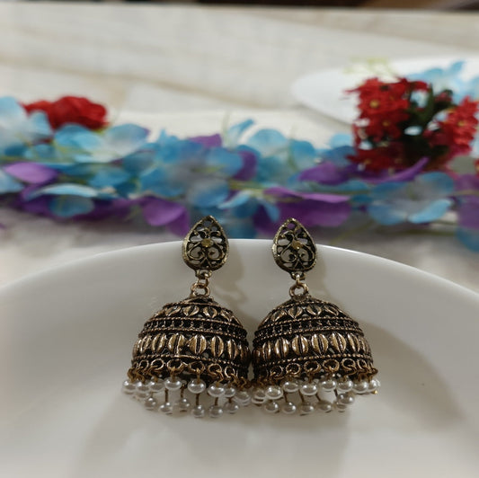 Antique Gold Plated White Pearl Jhumka Earring