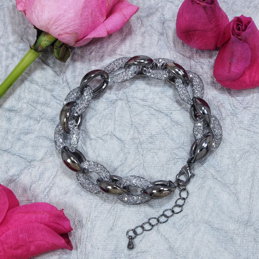 Crystal With Gun Metal Plated Chain Link Fishnet Bracelet-BR 1018