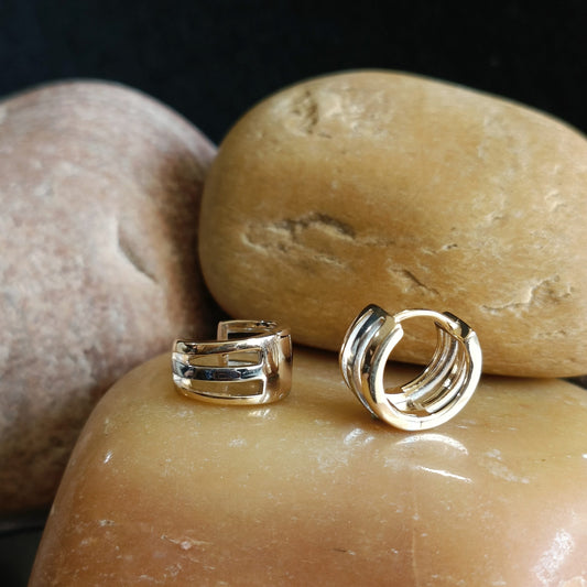 Two Tone Openwork Simple Designed Small Hoops Earring