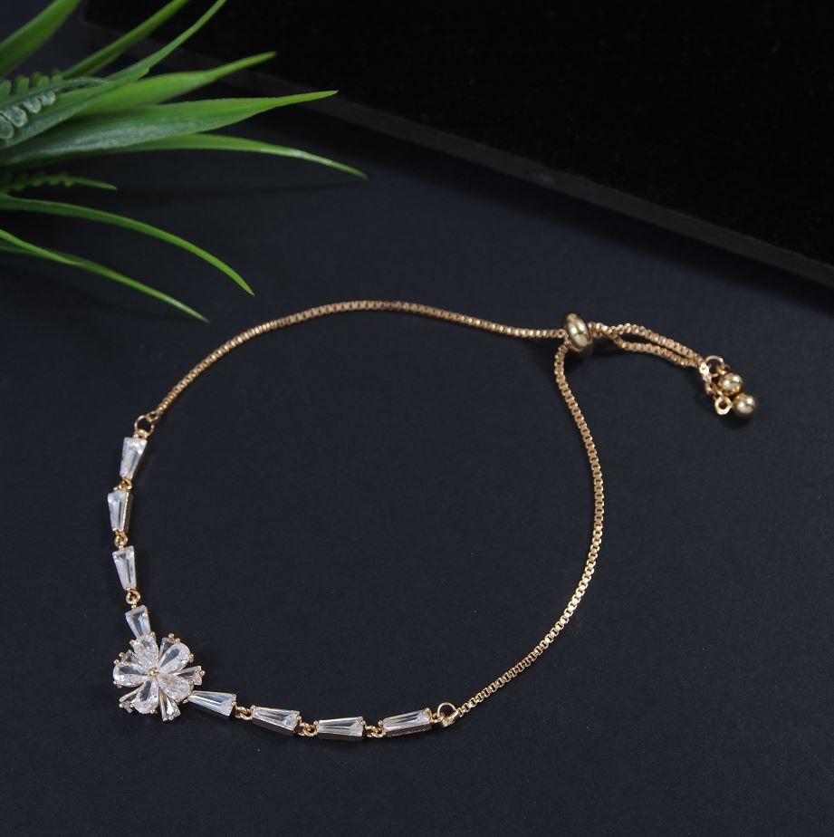 Korean Gold/Rosegold/Silver Plated Floral Design Baguette Adjustable Bracelet