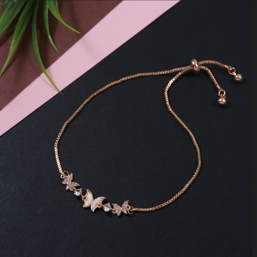 Korean Gold /Rosegold/ Silver Plated Link Butterfly Design CZ Stone Adjustable Bracelet