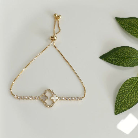 Korean Gold/Silver Plated Oval Shaped Floral Cubic Zicronia Adjustable Bracelet