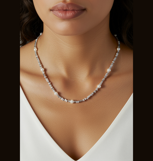 Silver Metal White Pearl Necklace