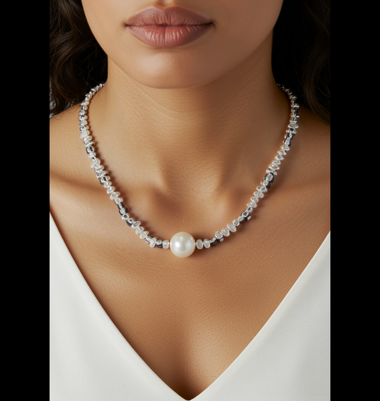 Silver Metal Pearl Pendent Necklace