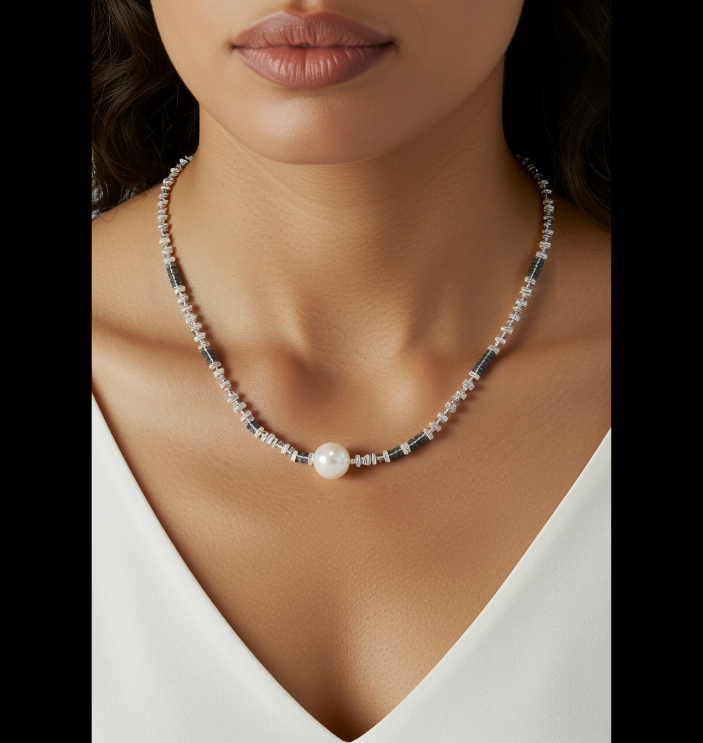 Silver Metal White Pearl Pendent Necklace