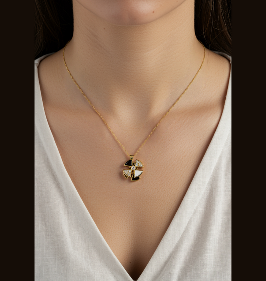 Stainless Steel Gold/Silver Plated Black and White Spinning Wheel Pendent Necklace