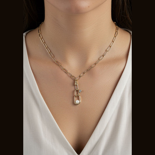 Chain Link Pearl Pendent Long Chain Necklace