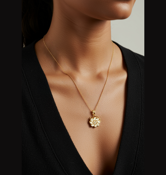 Stainless Steel Gold/Rosegold Plated Pearl Floral Spinning Pendent Necklace