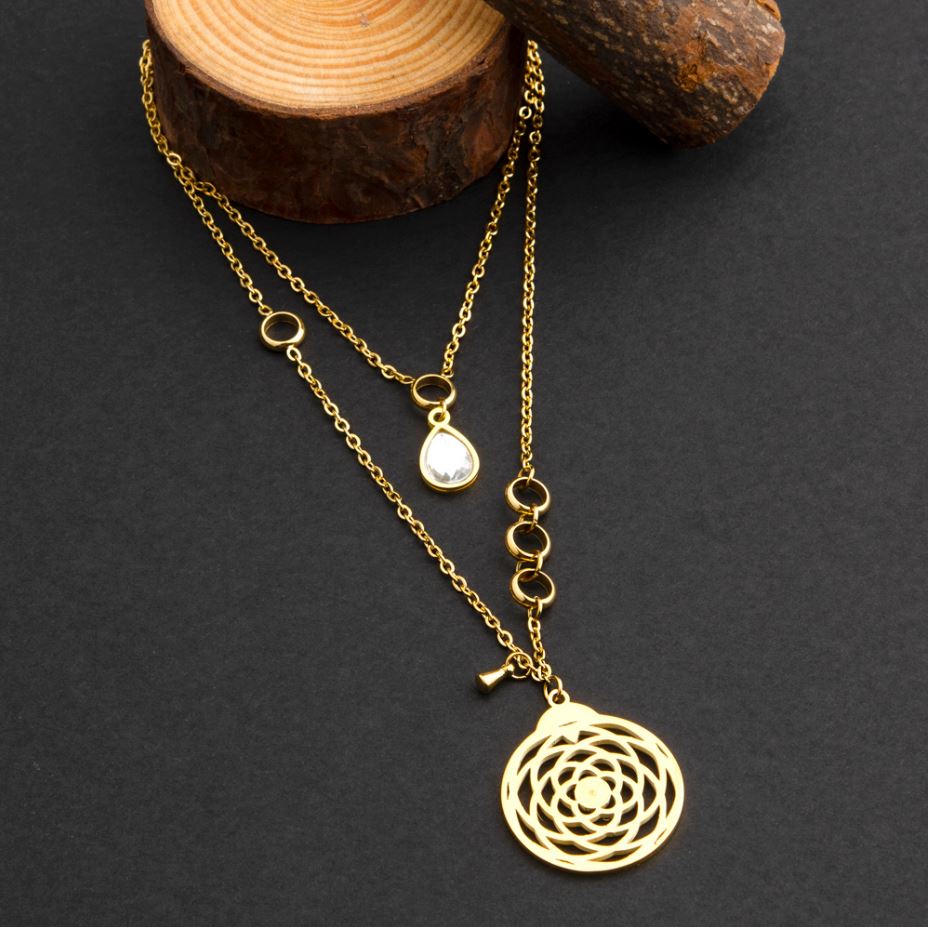 Stainless Steel Gold Plated Dual Layered With Flower of Life Charm Necklace- NK 1794