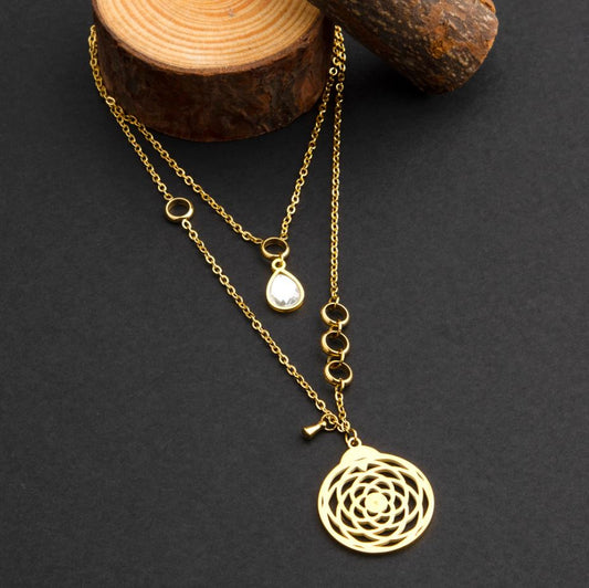 Stainless Steel Gold Plated Dual Layered With Flower of Life Charm Necklace- NK 1794