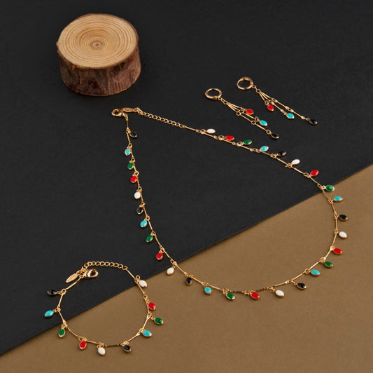 Gold Plated Oval Shaped Multicolor Enamel Necklace Set With Bracelet