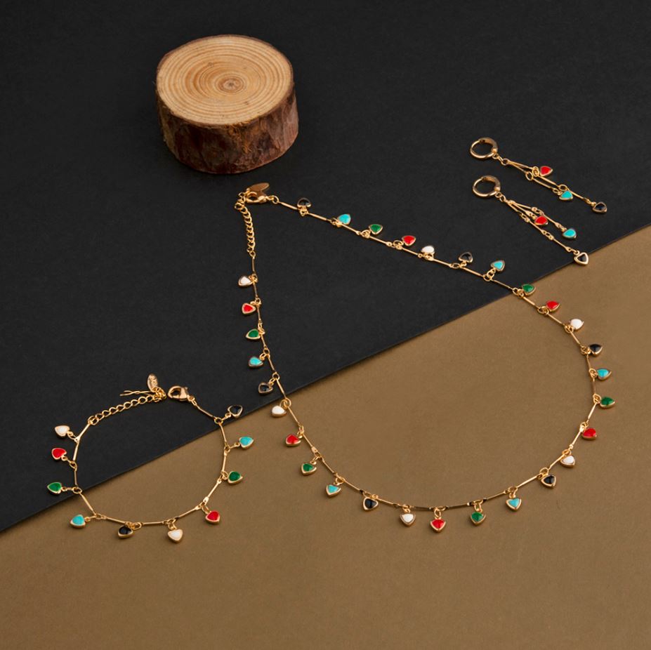 Gold Plated Heart Shaped Multicolor Enamel Necklace Set With Bracelet