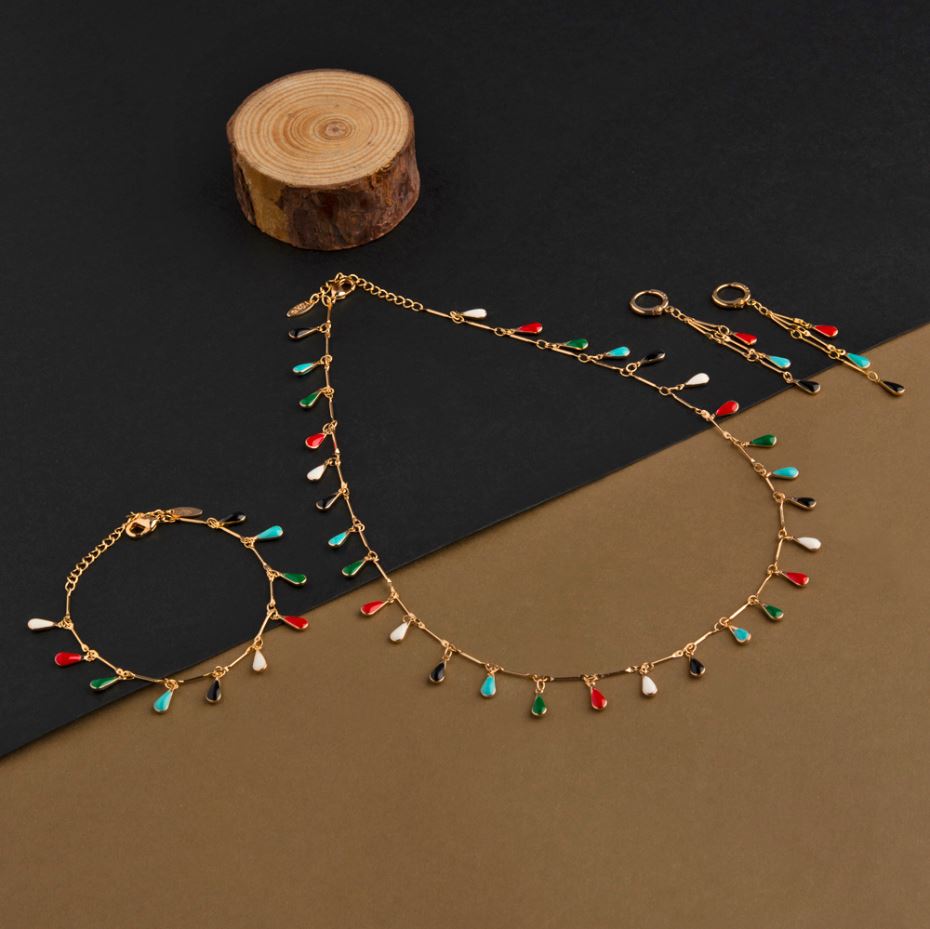 Gold Plated Shanku Shaped Multicolor Enamel Necklace Set With Bracelet