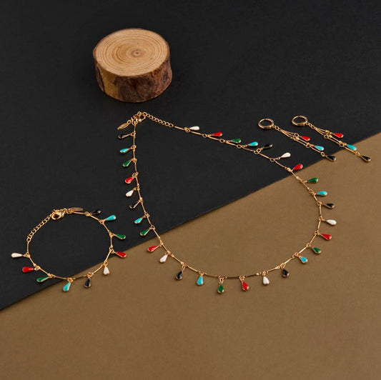 Gold Plated Shanku Shaped Multicolor Enamel Necklace Set With Bracelet