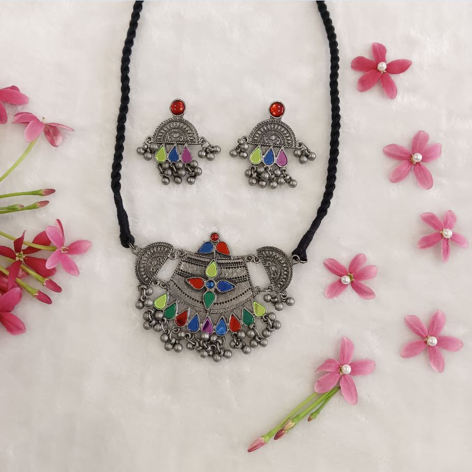 Silver Antique Oxidised Plated With Mirror Multicolour Artwork Choker Necklace Set- OXDNK 1748