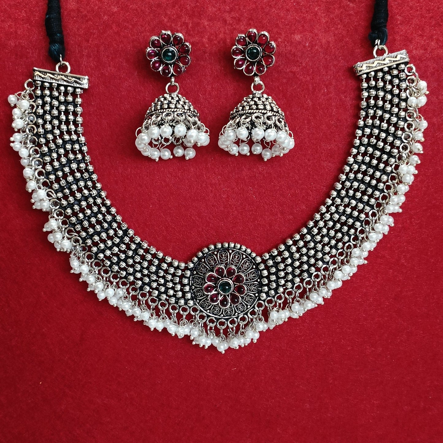 Silver Oxidised Plated Kundan Studded Pearl Choker Necklace Set- OXDNK 2310