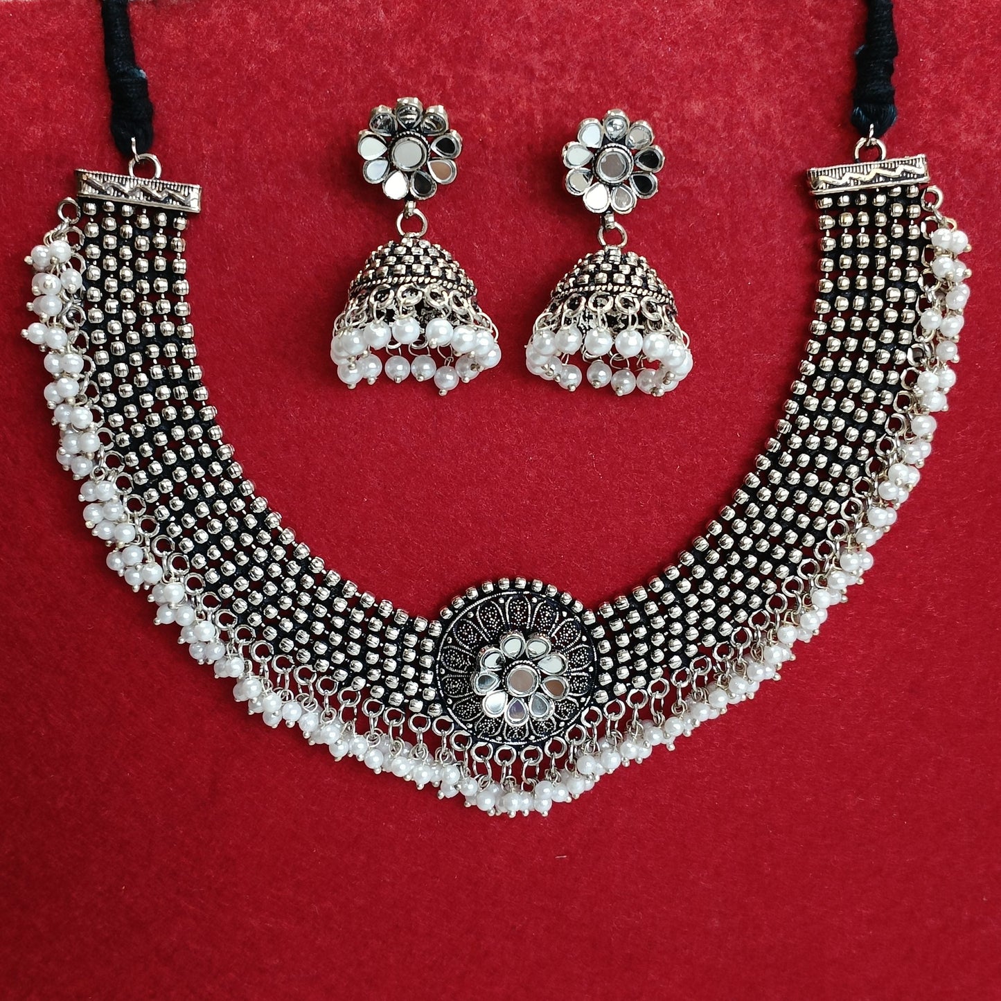 Silver Oxidised Plated Mirror Studded Pearl Choker Necklace Set- OXDNK 2310A