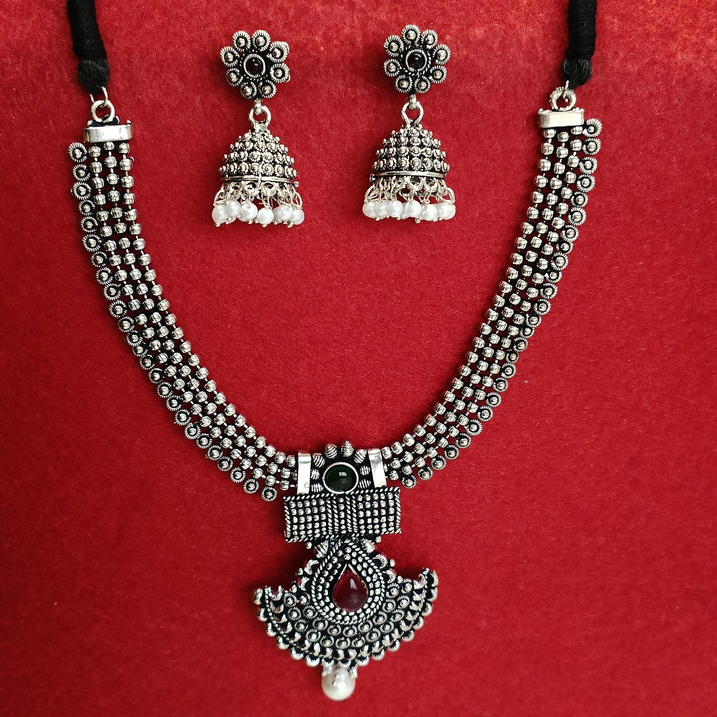 Silver Oxidised Plated Kundan Studded Pearl Choker Necklace Set- OXDNK 2311