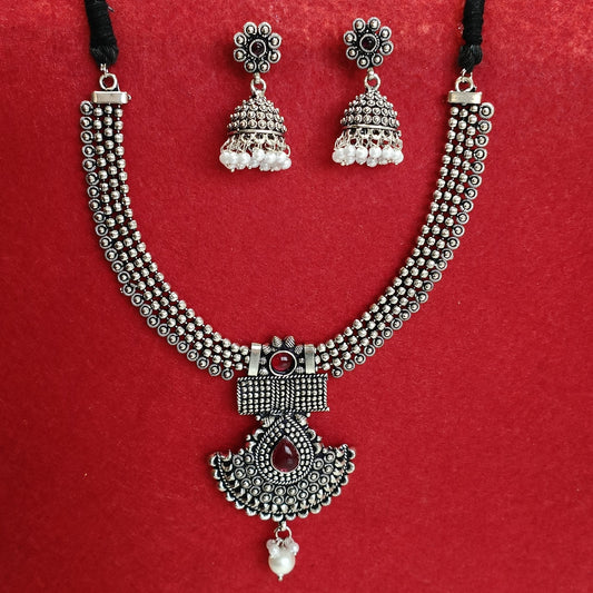 Silver Oxidised Plated Kundan Studded Pearl Choker Necklace Set- OXDNK 2311