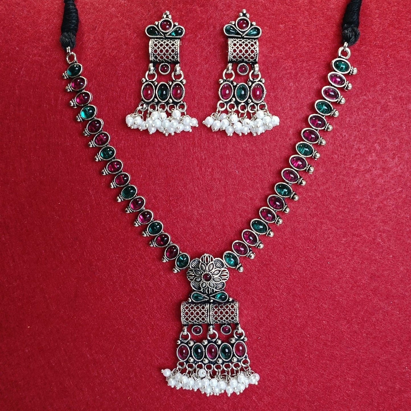 Silver Oxidised Plated Kundan Studded Trendy Choker Necklace Set-OXDNK 2313