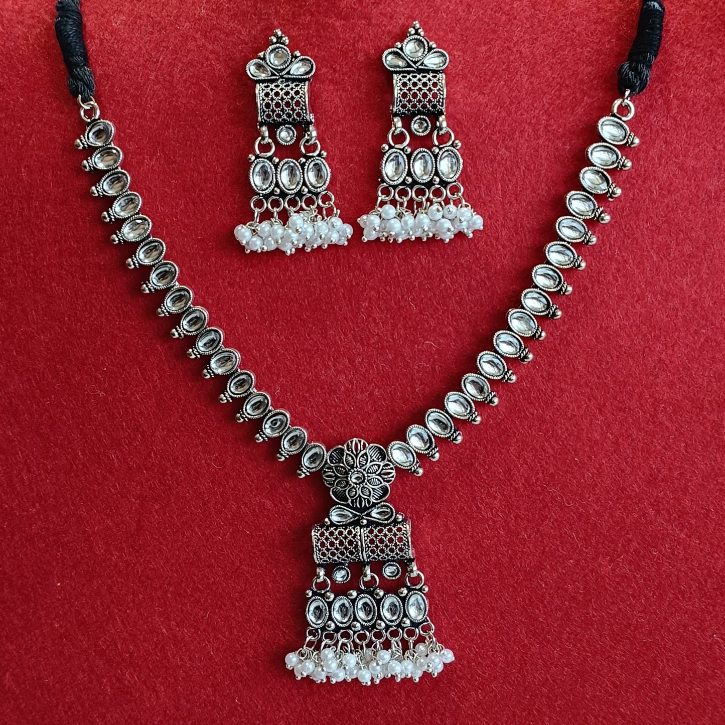 Silver Oxidised Plated Kundan Studded Trendy Choker Necklace Set-OXDNK 2313