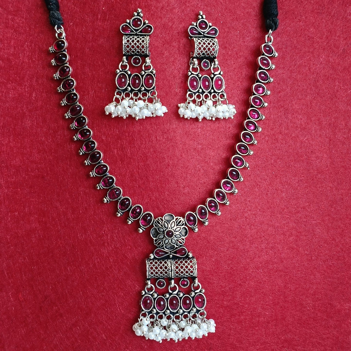 Silver Oxidised Plated Kundan Studded Trendy Choker Necklace Set-OXDNK 2313