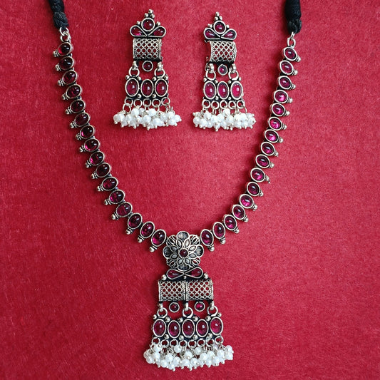 Silver Oxidised Plated Kundan Studded Trendy Choker Necklace Set-OXDNK 2313