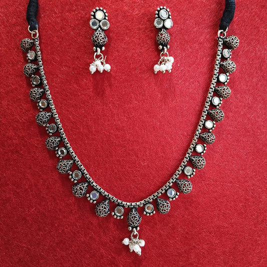 Silver Oxidised Plated Mirror Studded Delicate Choker Necklace Set- OXDNK 2314A