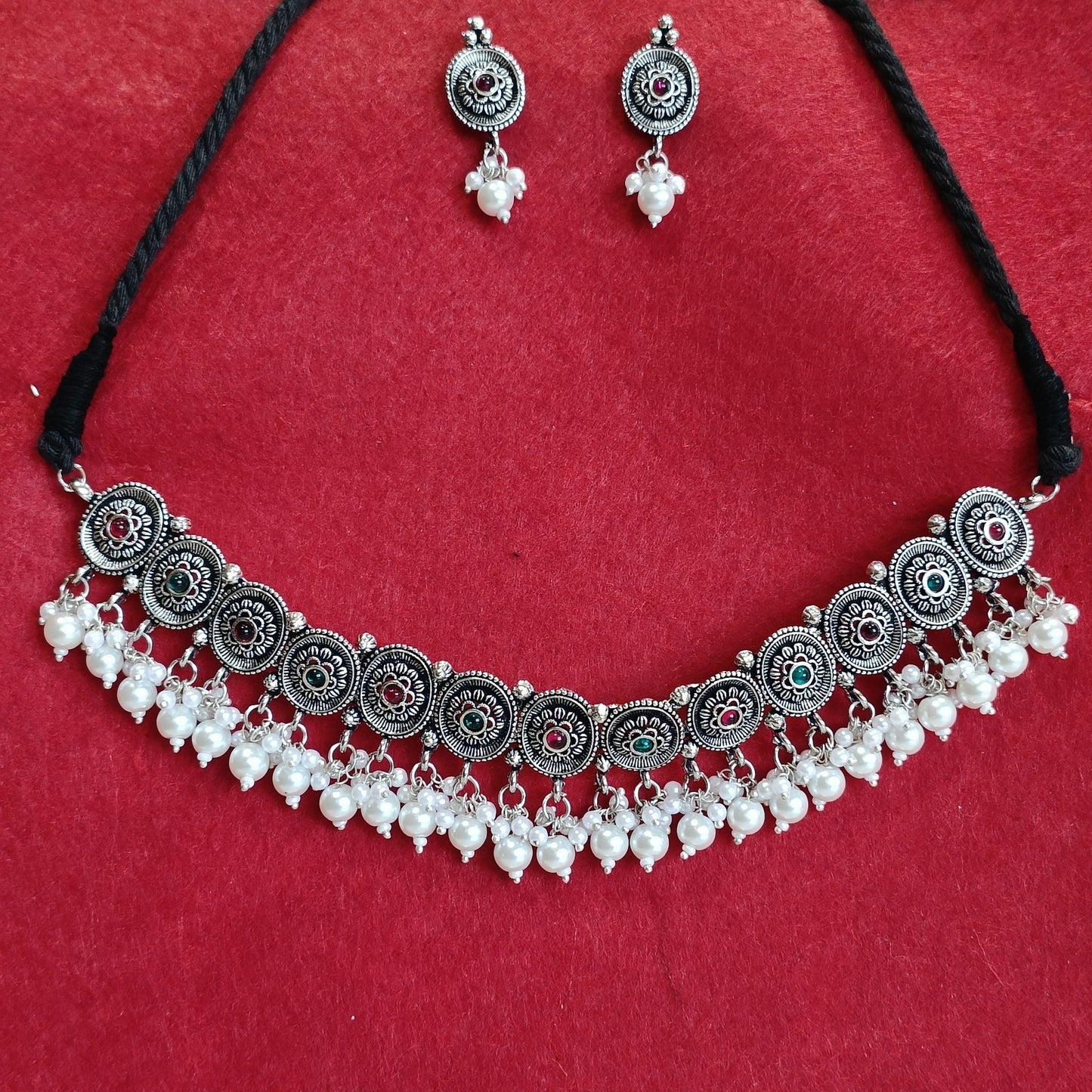 Silver Oxidised Plated Kundan Studded Delicate Choker Necklace Set- OXDNK 2315