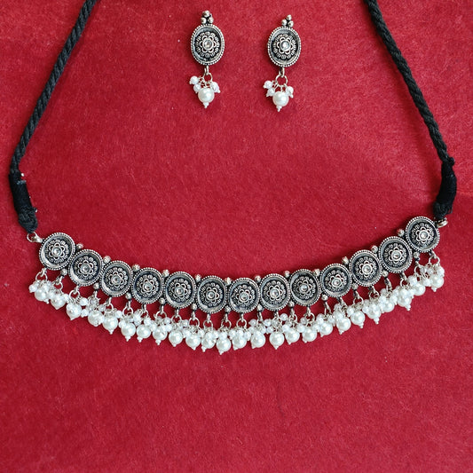 Silver Oxidised Plated Kundan Studded Delicate Choker Necklace Set- OXDNK 2315