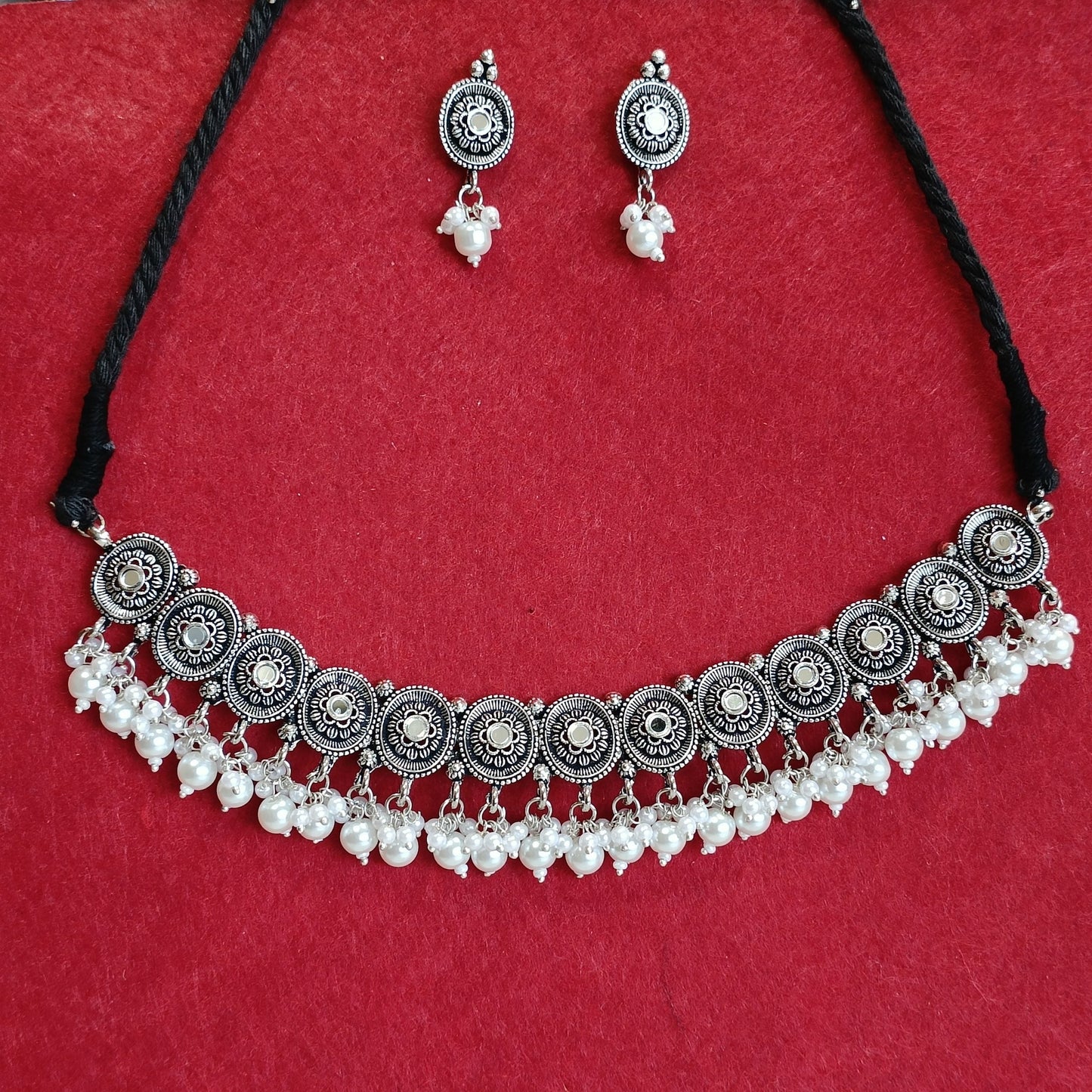 Silver Oxidised Plated Mirror Studded Delicate Choker Necklace Set- OXDNK 2315A