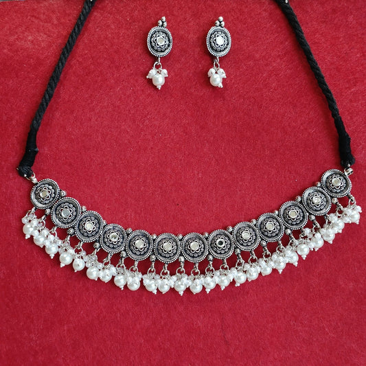 Silver Oxidised Plated Mirror Studded Delicate Choker Necklace Set- OXDNK 2315A