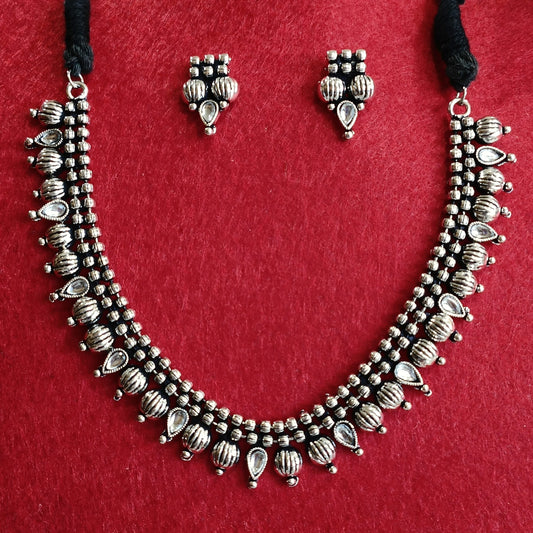 Silver Oxidised Plated Kundan Studded Delicate Choker Necklace Set-OXDNK 2318