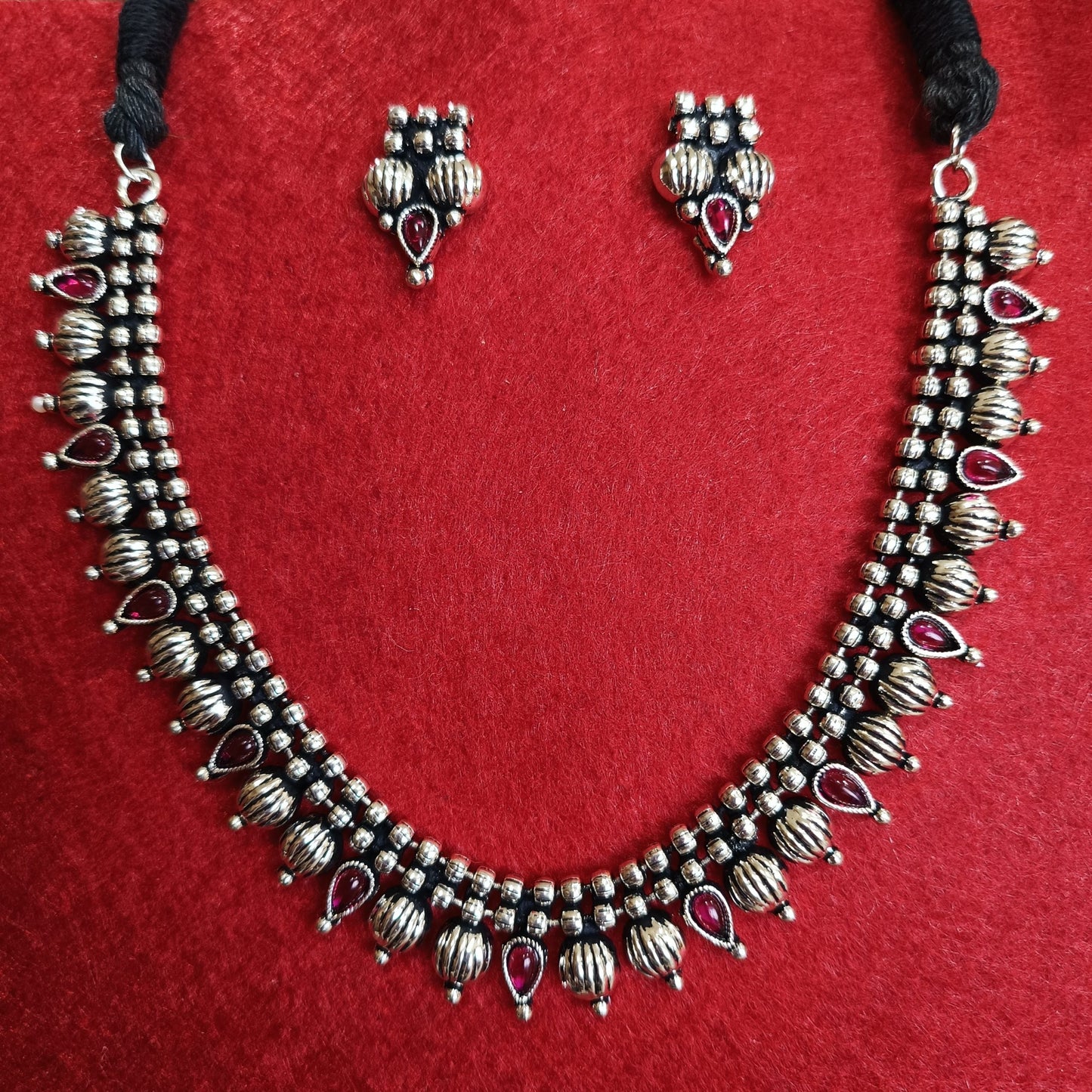 Silver Oxidised Plated Kundan Studded Delicate Choker Necklace Set-OXDNK 2318