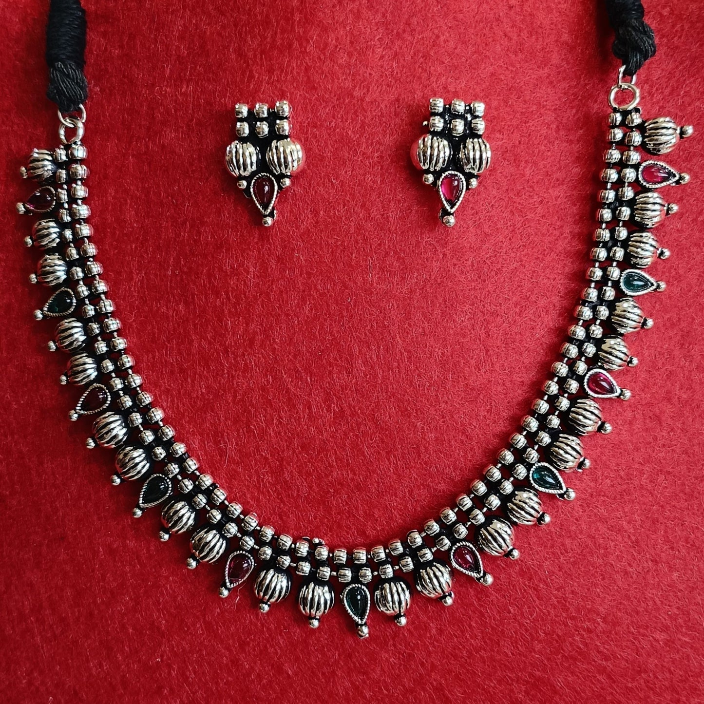 Silver Oxidised Plated Kundan Studded Delicate Choker Necklace Set-OXDNK 2318